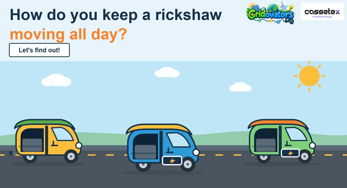 Opening slide: How do you keep a rickshaw moving all day? Three electric rickshaws drive past a sun, with a battery on two of them.