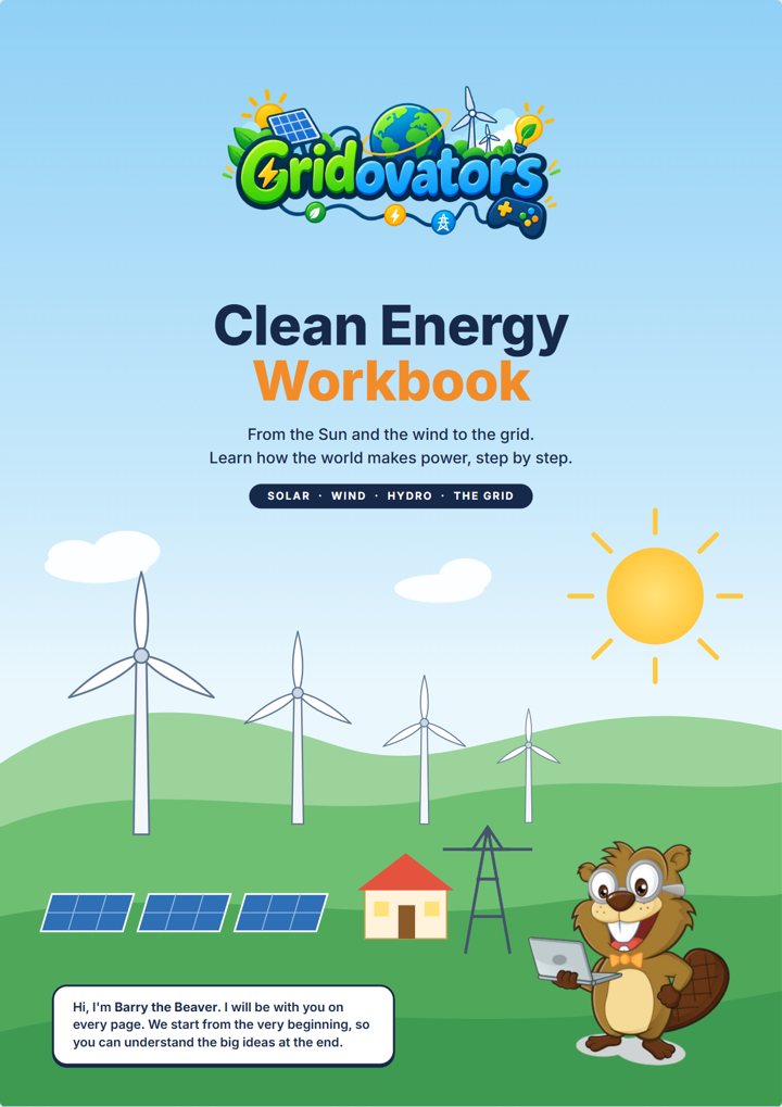 Workbook cover: Clean Energy Workbook, with wind turbines, solar panels and Barry Beaver.